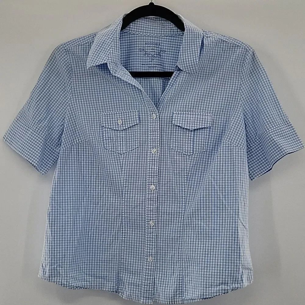 3 For$20 Sonoma Light Blue & White Gingham Button Down Blouse size PS - Picture 1 of 6
